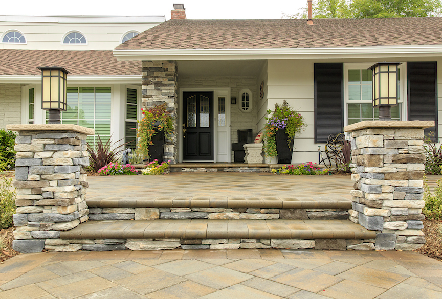 Paver Walkway and Stone Veneer Light Columns