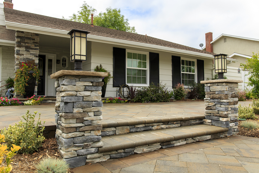 Paver Walkway and Stone Veneer Light Columns
